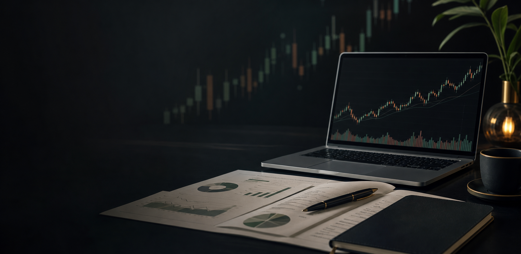 Mesa financiera elegante con ordenador, graficos de mercado y documentos de analisis